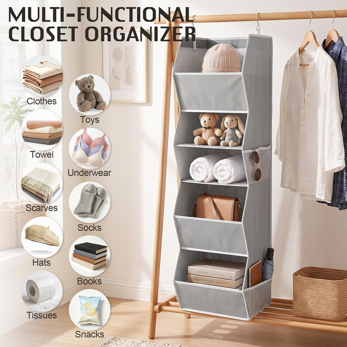 Hanging Closet Organizer with Side Pockets, 5-Shelf Foldable Closet Storage