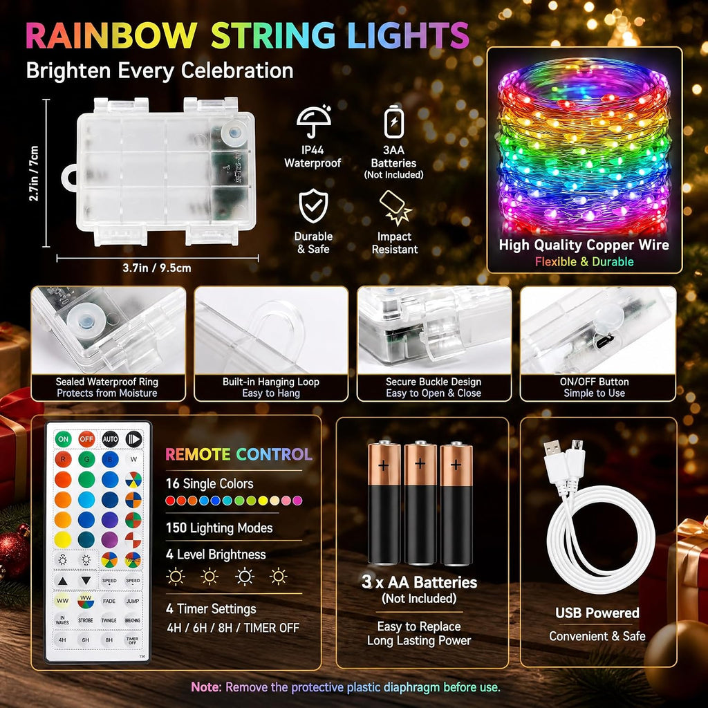 Dazzle Bright Color Changing Fairy Lights Battery Operated, 2 Pack Total 40FT 120LED Silver Copper Wire RGB String Lights with Remote, Waterproof Halloween Decorations for Indoor Outdoor Party Decor
