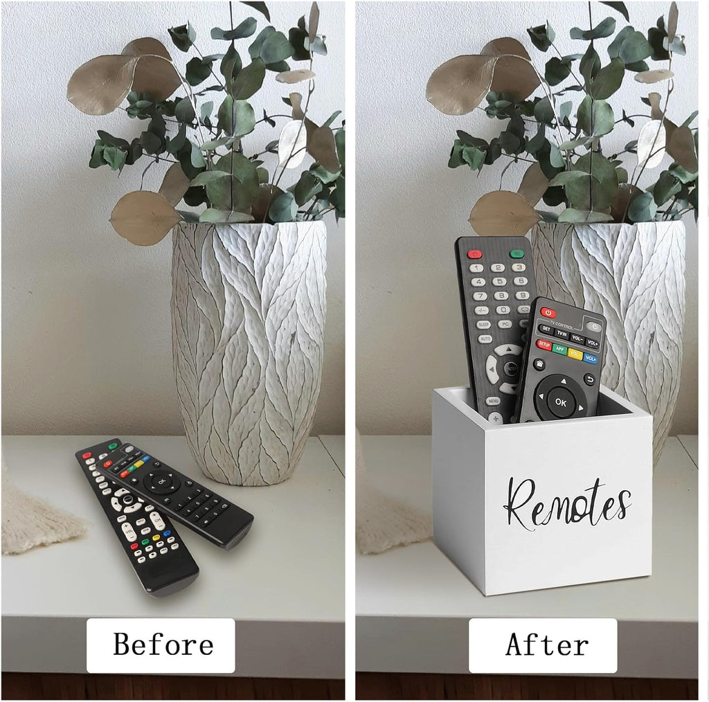 LBEMEY Wood Remote Control Holder, TV Remote Control Organizer for Home Bedroom Table, Multi-Purpose Desktop Storage (White, S,for 2 or 3 Remote Controls)