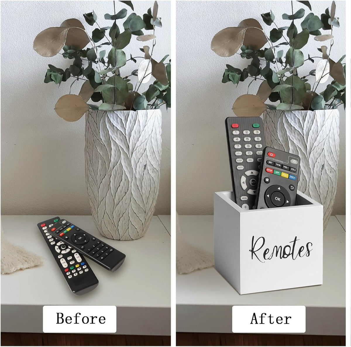 LBEMEY Wood Remote Control Holder, TV Remote Control Organizer for Home Bedroom Table, Multi-Purpose Desktop Storage (White, S,for 2 or 3 Remote Controls)