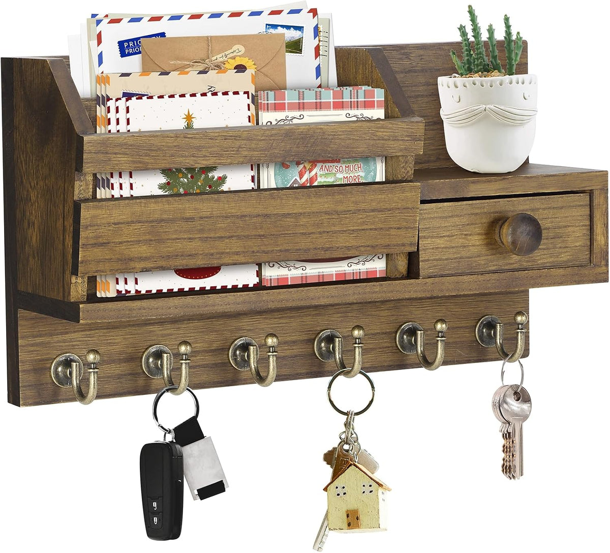 VIS'V Key Holder Wall Mount, Wooden Mail and Key Organizer, Brown