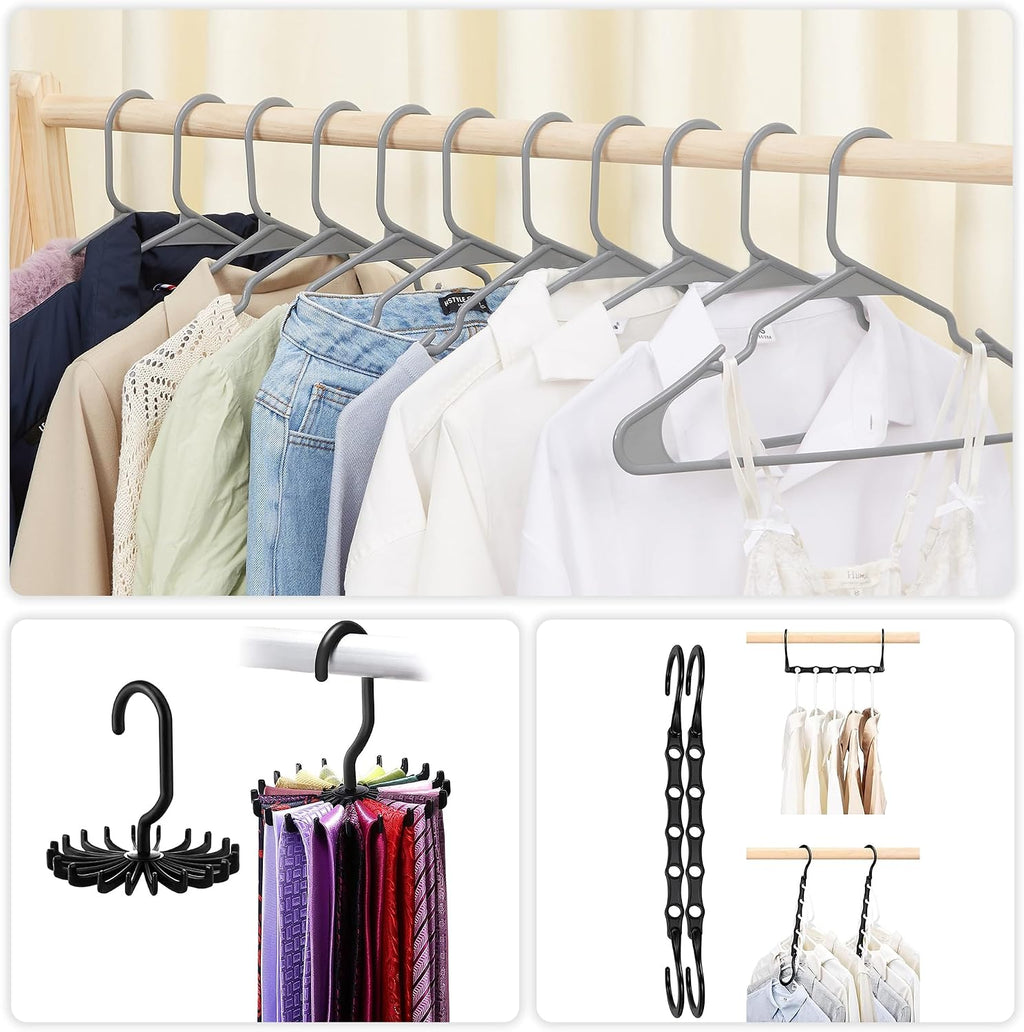 VECELO 25 Pack Plastic Hangers-Clothes Hangers Set with Shoulder Non Slip Notches for Closet Space Saving-Heavy Duty Coat Hanger,Gray