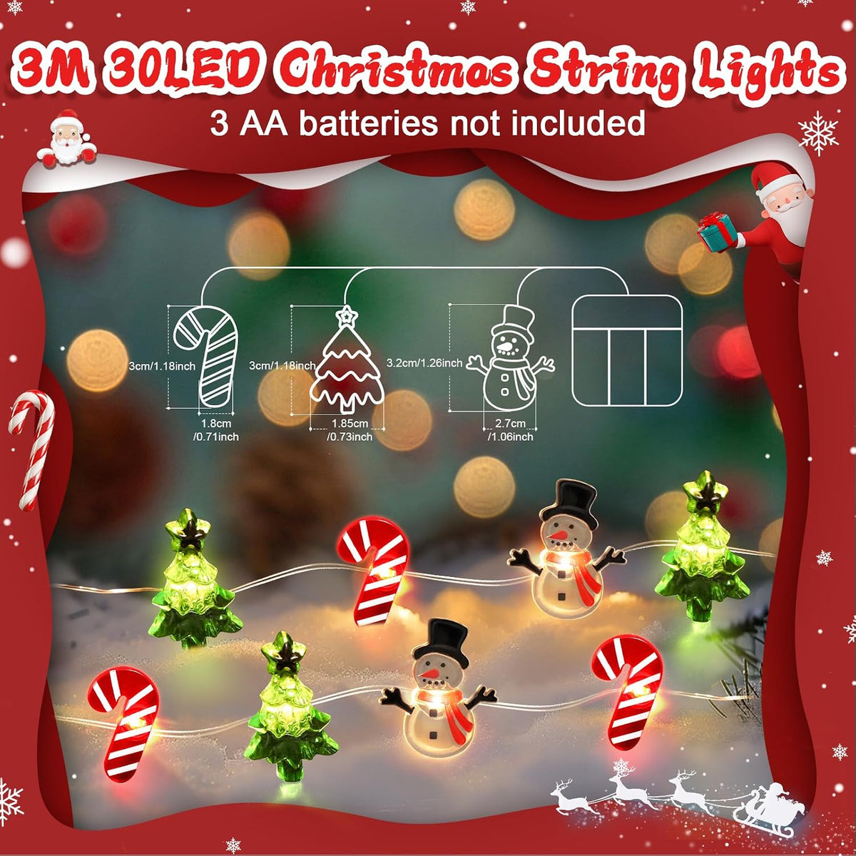 Coquimbo Christmas Lights Decorations, 10FT 30LED Christmas Tree Snowman Crutch String Lights for Home Party Indoor Outdoor Xmas Festive Holiday Decorations