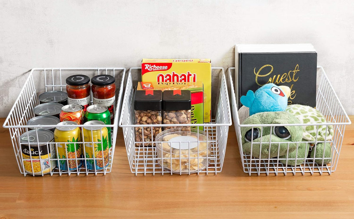 iPEGTOP Wire Freezer Stroage Baskets, 13.4 inch Set of 3 Farmhouse Storage Bins Basket Freezer Storage Organizer Bins with Handles for Kitchen Cabinets, Pantry, Closets, Bedrooms, Bathrooms- White