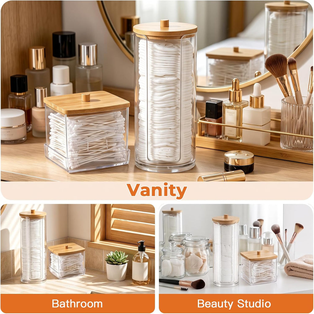 2 Pcs Cotton Pad Holder, Bathroom Makeup Organizers Containers for Cotton Ball/Swab/Round Pads/Floss/Hair Ties Canister Vanity Storage Jars Dispenser Holder wuth Bamboo Lid
