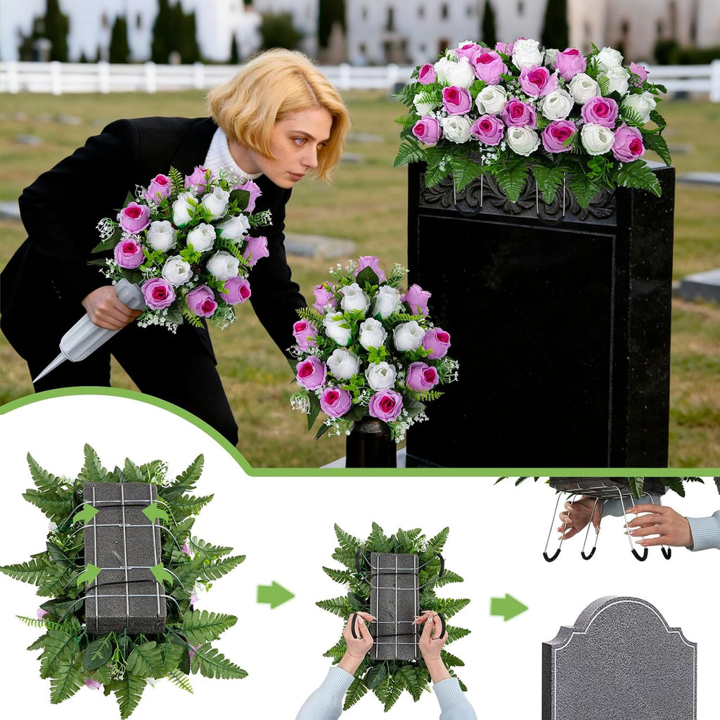 Artificial Cemetery Flowers Saddle Grave Memorial Rose Flowers with Vase for Cemetery Headstones Gravesites Decoration (White&Pink, 1 Saddle & 2Bouquets with Vase)