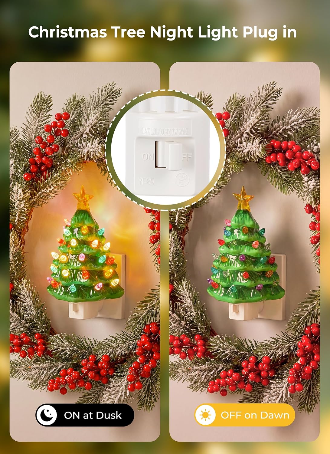 Minetom 2 Pack Green Ceramic Christmas Tree Night Light Plug in Wall Decor