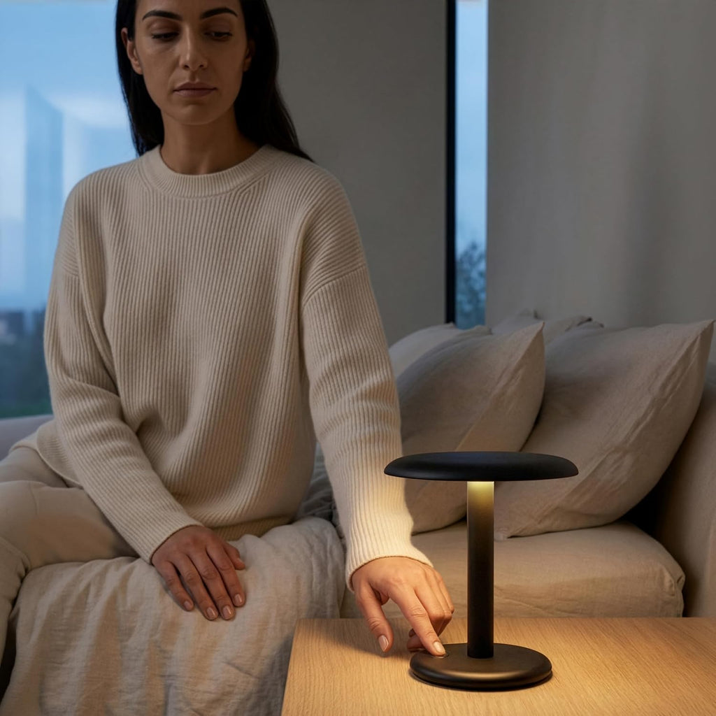 Brightech Zeno Cordless LED Table Lamp - Small 7.5in Touch Dimmable Bedroom, Side Table, End Table, Desk - Modern Rechargeable Portable Bedside, Living Room Light, Great for Outdoor, Camping - Black