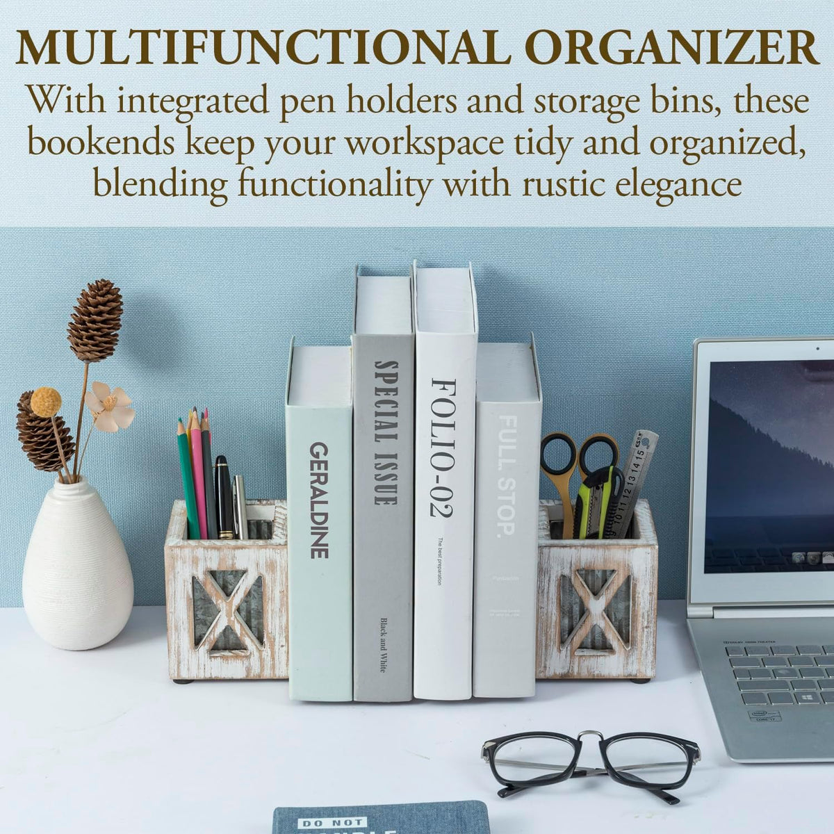 MyGift Decorative Bookends with Pencil Cup, Shabby Weathered White Washed Wood Bookends, Desktop Book Ends with Pen Holder Stationery Storage Bins for Home Office, Classroom, Dorm Room