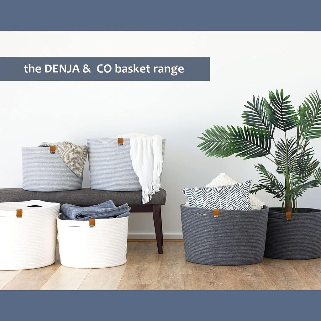 DENJA & CO Extra Large Blanket Basket for Living Room - White Farmhouse Woven Baskets for Storage | Cotton Rope Large Baskets for Blankets, Pillows, Toys, or Laundry | Ivory White (21" Wide x 13.8" Tall)