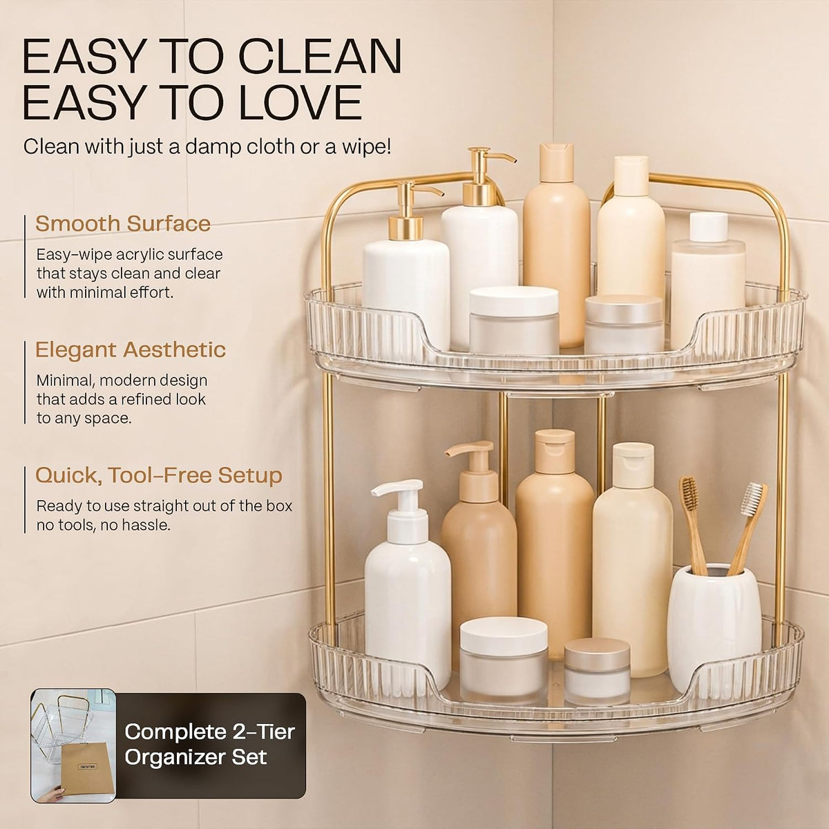 2-Tier Acrylic Corner Bathroom Organizer, 9" x 9" x 11" Large Round Countertop Shelf with Handle, Clear Acrylic Skincare & Makeup Storage Tray, Waterproof Vanity Organizer for Kitchen & Dresser