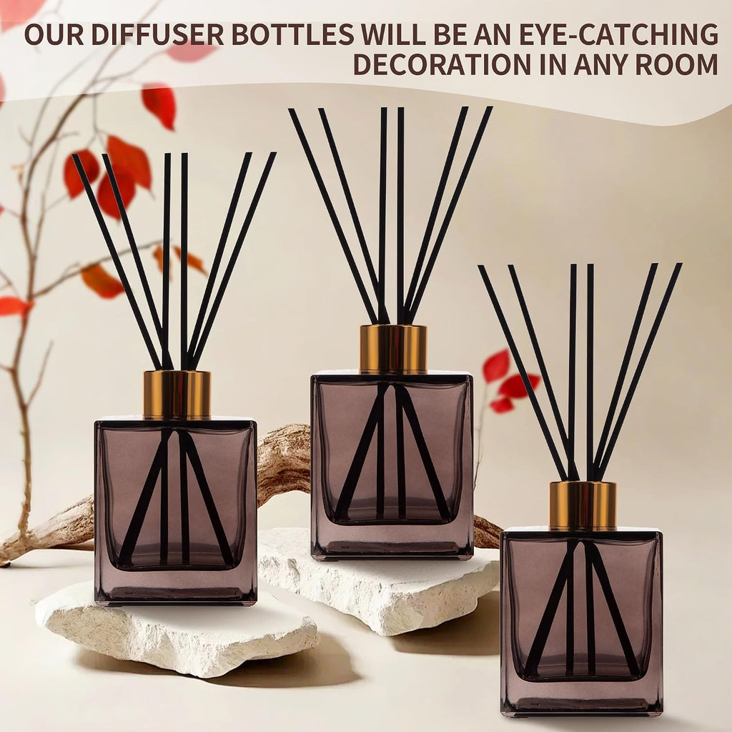 6 Pack Perfume Reed Diffuser Bottle,Empty Square Essential Oil Bottles Glass Jar with Black Sticks for DIY Fragrance Replacement Diffuser Sets (200ml/6.8 oz, Brown Color)