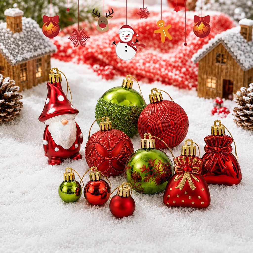 60 Pcs Red & Green Christmas Ornaments Set for Christmas Tree Decorations