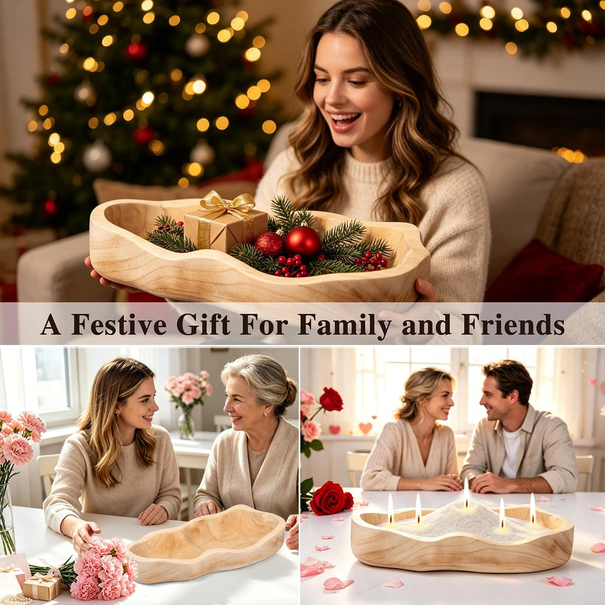 16 Inch Wavy‑Edge Wooden Dough Bowl, Large Decorative Bowl for Home Decor