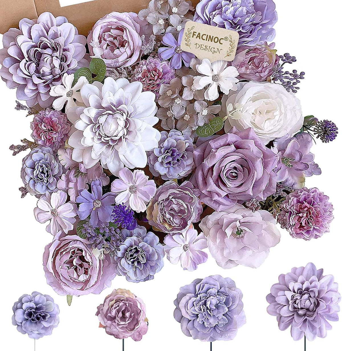 FACINOC Roses Artificial Flowers Purple Mix Silk Flower Dahlia Bulk Box Set