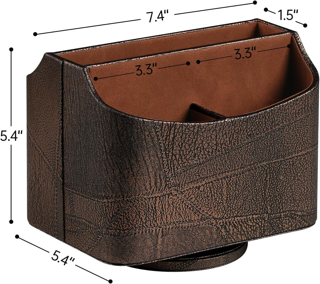 PU Leather Remote Control Holder, 360 Degree Rotating Desk Organizer Luxury Desktop Storage Rack, Rotating Bedside Storage Box for Desktop Office Living Room Bedroom (Brown Vintage)