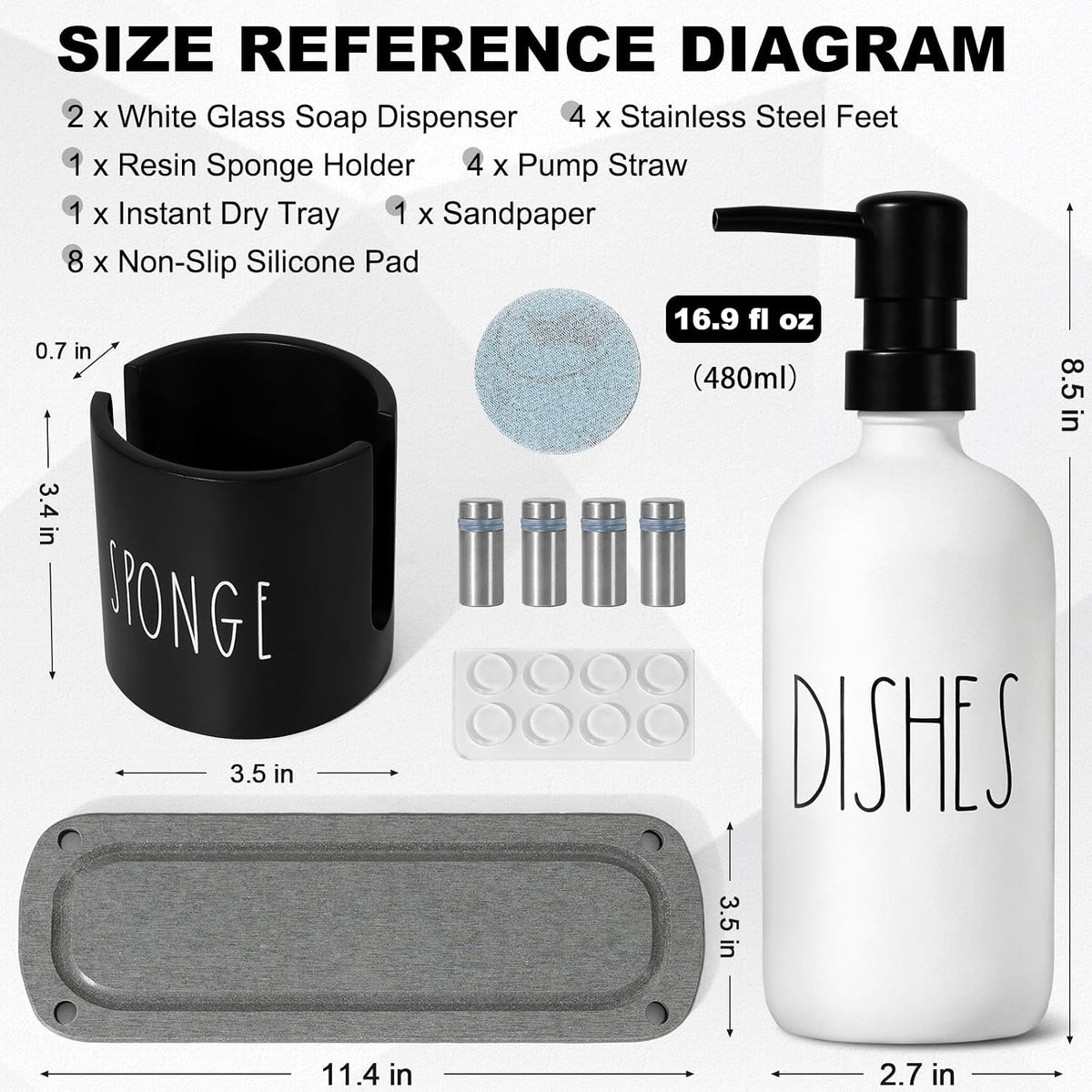 Hand and Dish Soap Dispenser Set, Kitchen Soap Dispenser Set with Sponge Holder, White Glass Dish Soap Dispenser for Kitchen with Pump, Instant Dry Tray, 17 fl oz Farmhouse Kitchen Decor