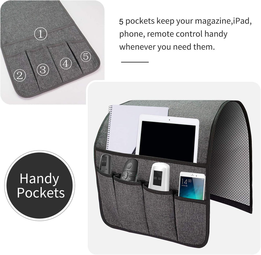 Sofa Armrest Organizer, Remote Control Holder for Recliner Couch, Arm Chair Caddy with 5 Pockets for Magazine, Tablet, Phone, iPad