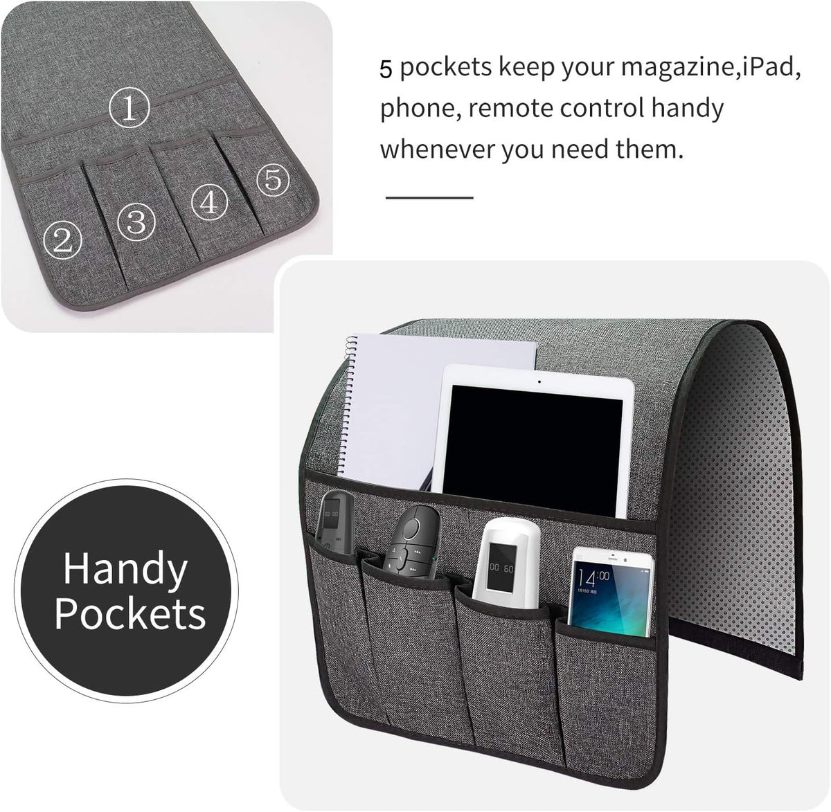 Sofa Armrest Organizer, Remote Control Holder for Recliner Couch, Arm Chair Caddy with 5 Pockets for Magazine, Tablet, Phone, iPad