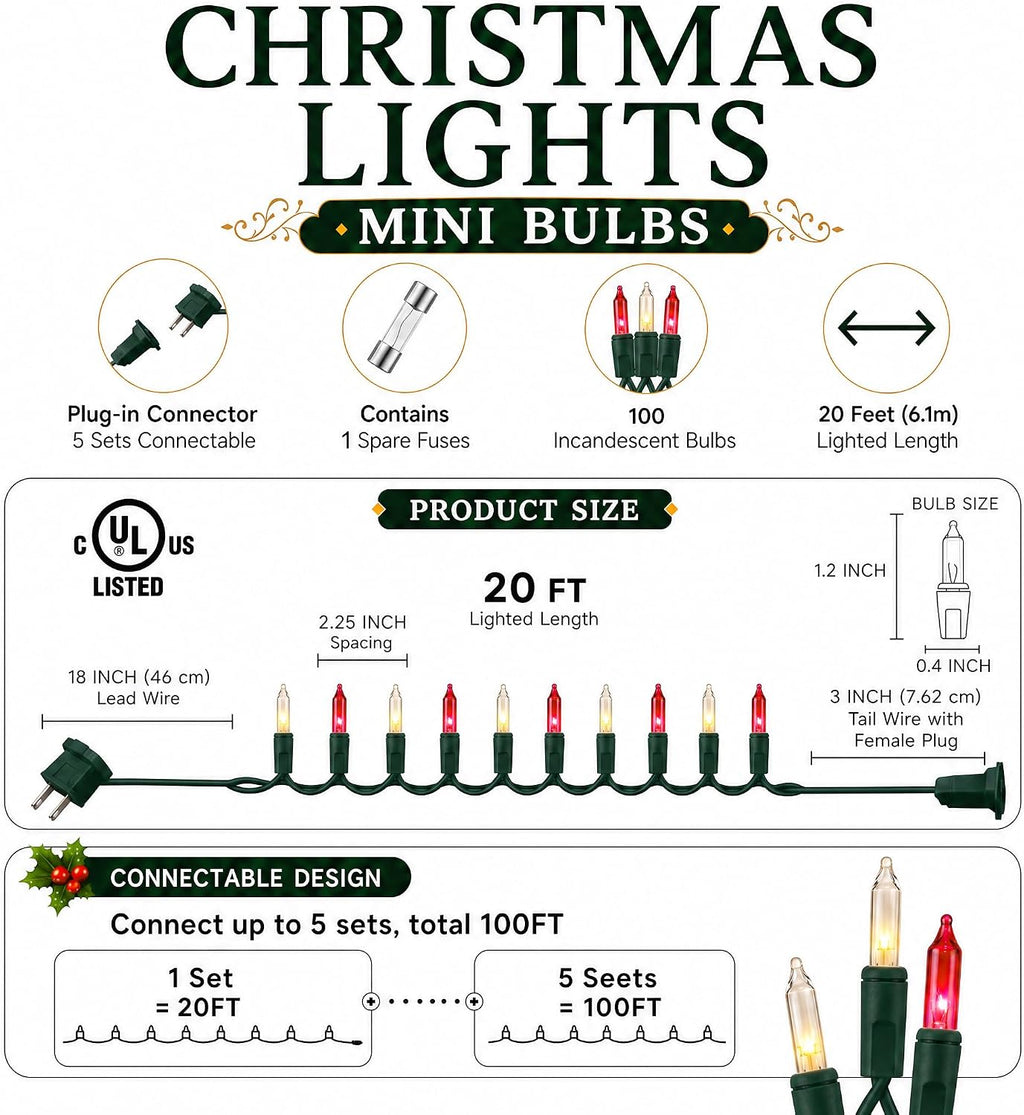 TW SHINE Christmas Mini String Lights, 20FT 100 Count Incandescent Mini Christmas Tree Lights, Waterproof Xmas String Lights for Outdoor Indoor Home Party Yard Decorations, Warm White and Red