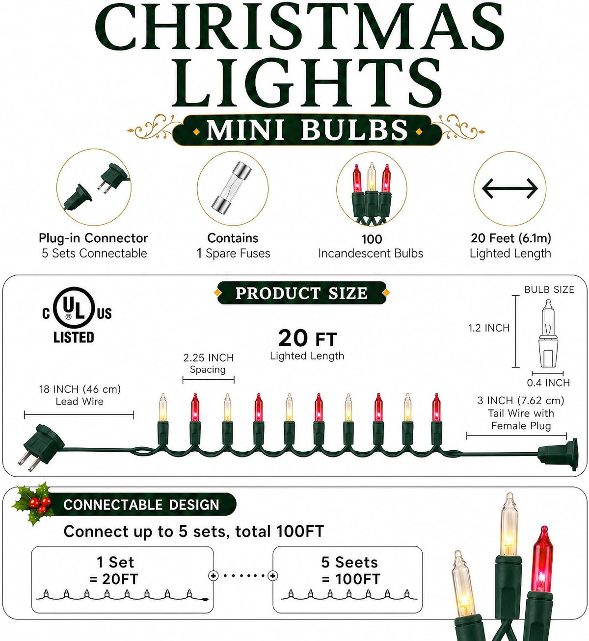 TW SHINE Christmas Mini String Lights, 20FT 100 Count Incandescent Mini Christmas Tree Lights, Waterproof Xmas String Lights for Outdoor Indoor Home Party Yard Decorations, Warm White and Red
