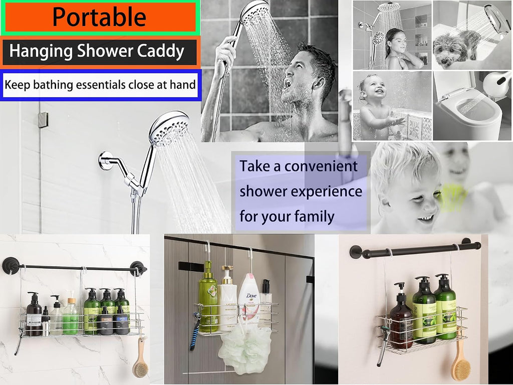 1-Tier Shower Caddy Hanging Shower Rack with Hooks Over Door 2-PK