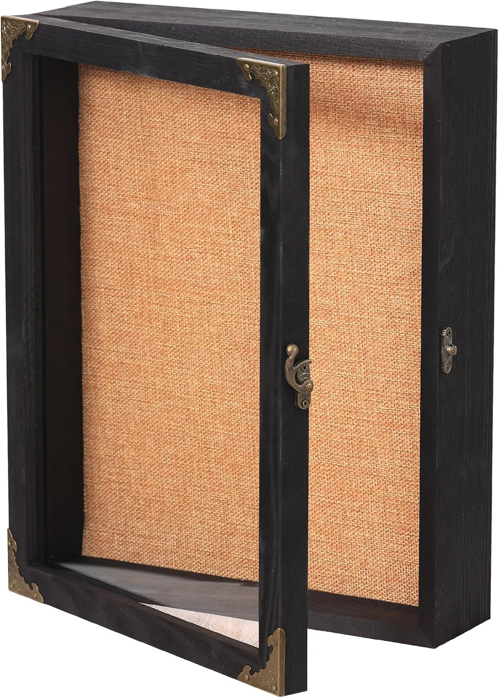 11x14 Shadow Box Frame with Glass Door, Solid Wood Memory Display Case, Linen Back, 2.7" Overall Depth, 10 Push Pins & Hanging Hardware, Rustic Keepsake Box for Flowers, Photos, Medals, Black