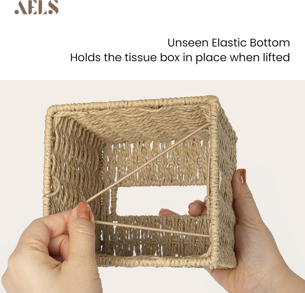 AELS Farmhouse Tissue Box Cover Square, Hand Woven Strawpaper Facial Tissue Paper Holder, Cute Tissue Box Holder Square, Boho Bathroom Decor Box for Tissues Cube Box w/Elastic Bottom, Beige