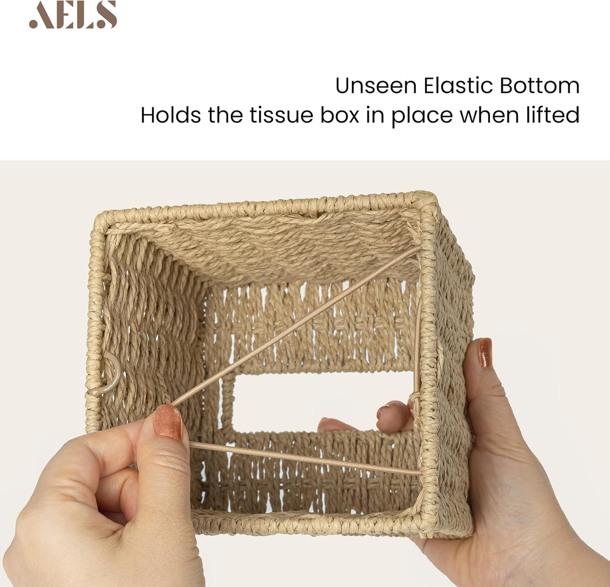 AELS Farmhouse Tissue Box Cover Square, Hand Woven Strawpaper Facial Tissue Paper Holder, Cute Tissue Box Holder Square, Boho Bathroom Decor Box for Tissues Cube Box w/Elastic Bottom, Beige