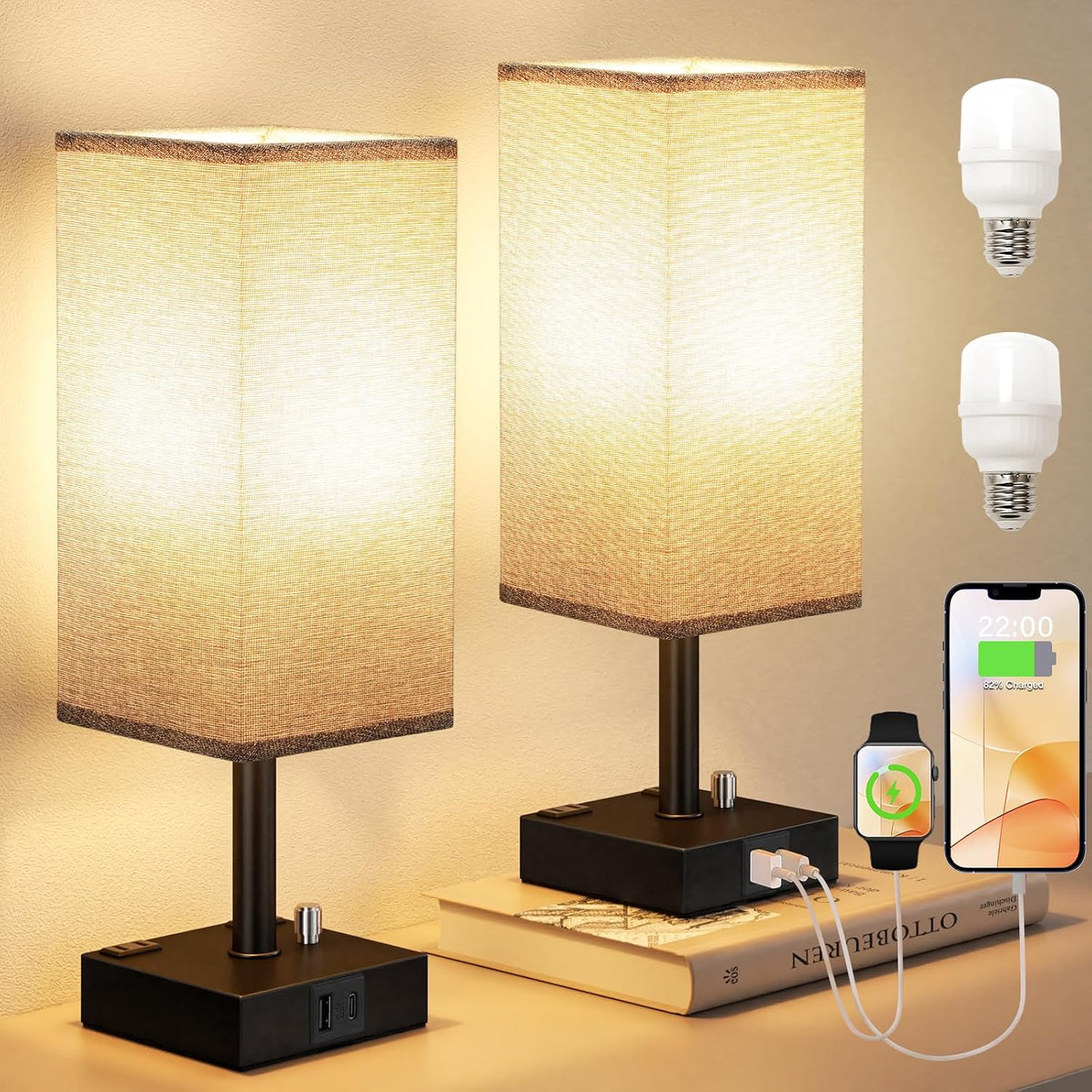 Grey Bedside Table Lamps Set of 2 - Dimmable, USB C+A, 2 AC Outlets