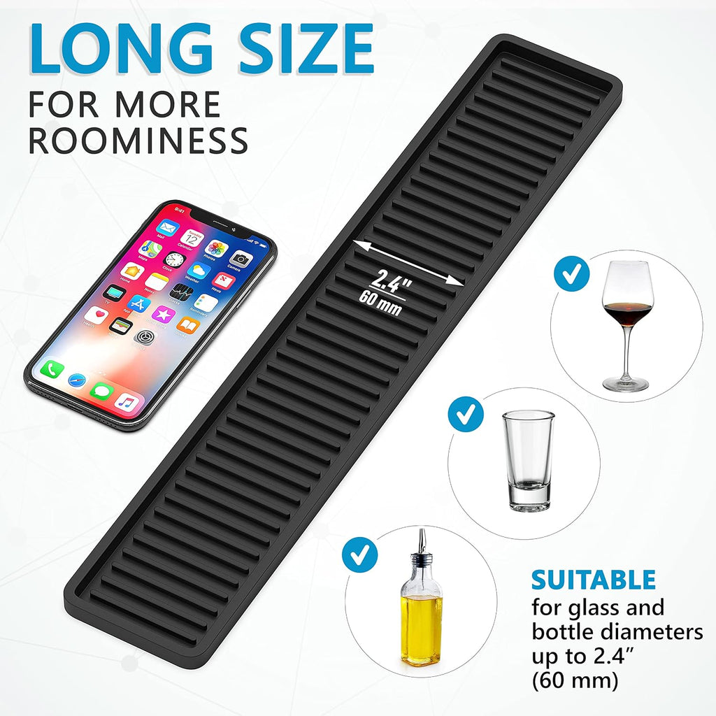 ZAPPOWARE Kitchen Sink Narrow Silicone Holder Tray 17.7"x3.1", Vanity & Bathroom Organizer, Black, Heat-Resistant Mat (Pack of 2)