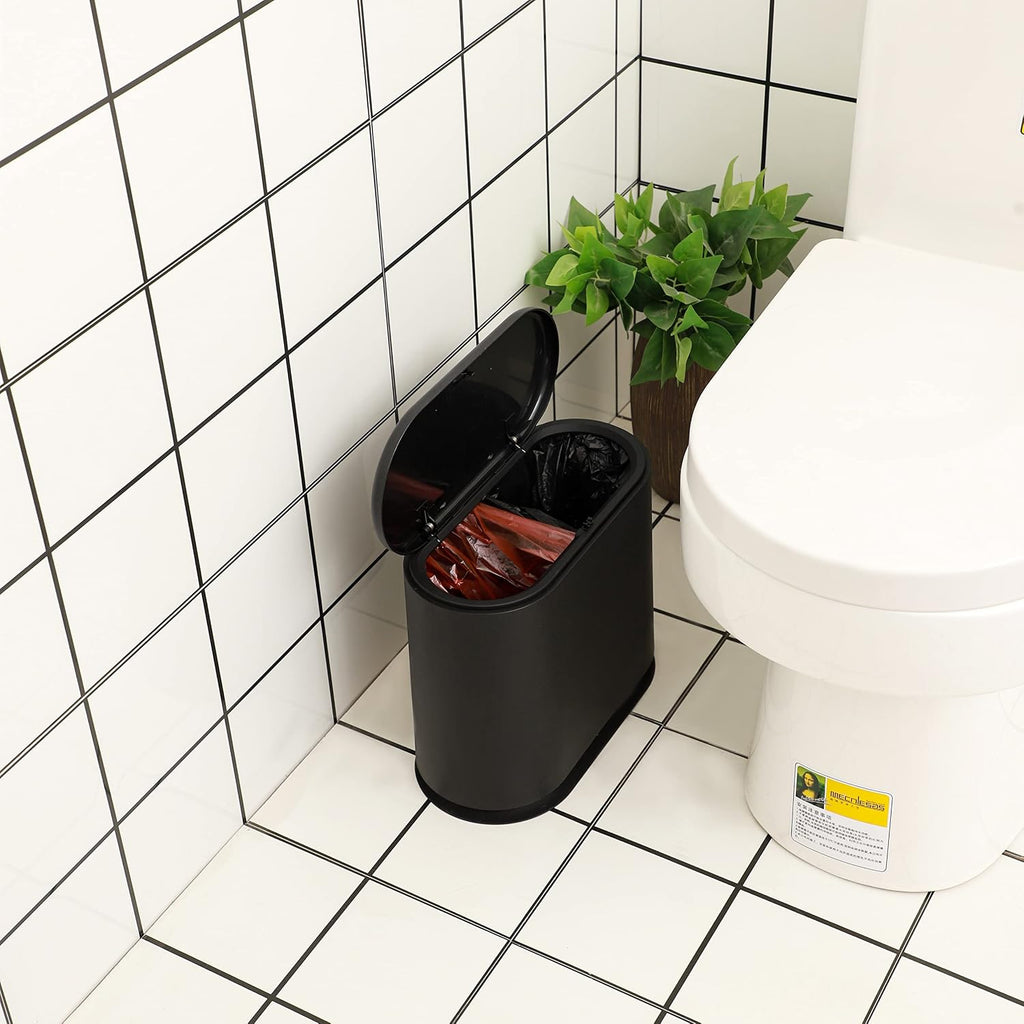 12L Black Slim Bathroom Trash Can with Press Top Lid,3.17 Gallon Pet/Dog Proof Kitchen Trash Can,Thin Garbage Can,Covered Wastebasket,Narrow Small Plastic Trashcan for Craft Room,Bedroom,Office,Dorm
