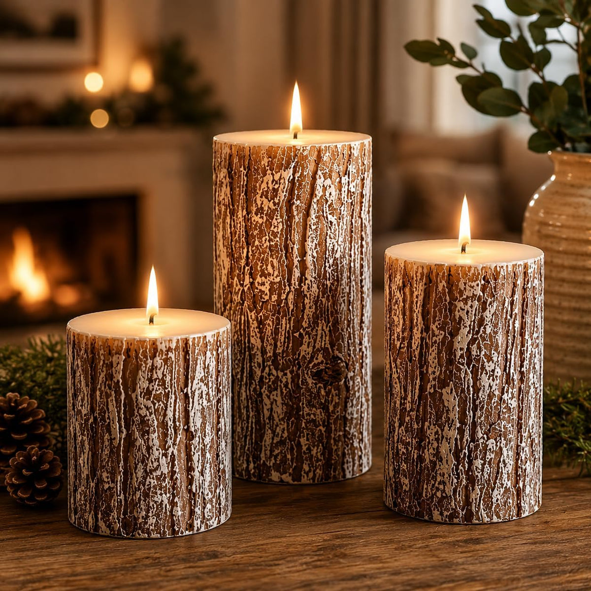 Rustic Pine Tree Pillar Candle Set of 3, Unscented Home Decor