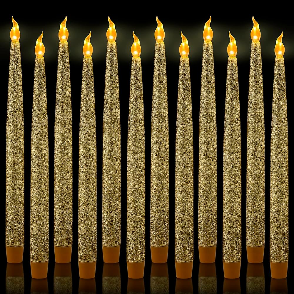 FURORA LIGHTING Gold Glitter LED Taper Candles, 12-Pack with 6/18 Timer
