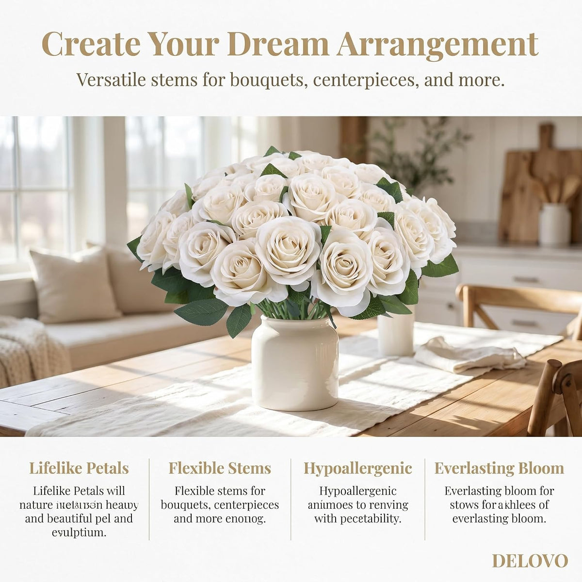 52pcs Beige Roses Artificial Flowers Fake Flowers Silk Roses with Stems for DIY Wedding Bouquets Bridal Shower Centerpieces Arrangements Party Decorations