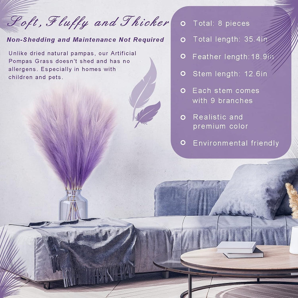 KALYLOC 8Pcs 3FT Purple Faux Pampas Grass Artificial Bulrush for Boho Decor