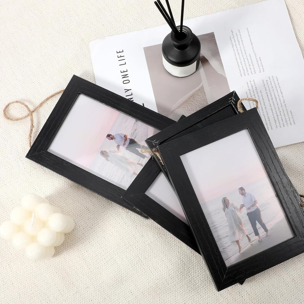 4x6 Black Hanging Collage Picture Frames Set of 2, 8 Openings Collage Photo Frames Rustic Wooden Real Glass Vertical Hanging