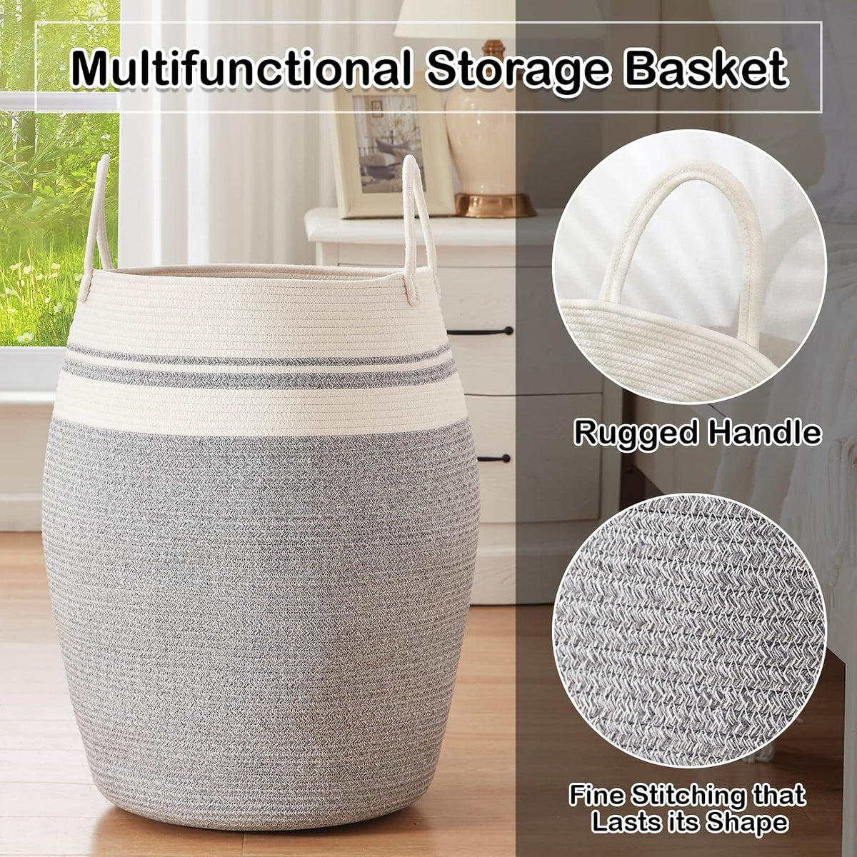 OIAHOMY 105L Laundry Hamper Cotton Rope Large Clothes Hamper White & Grey