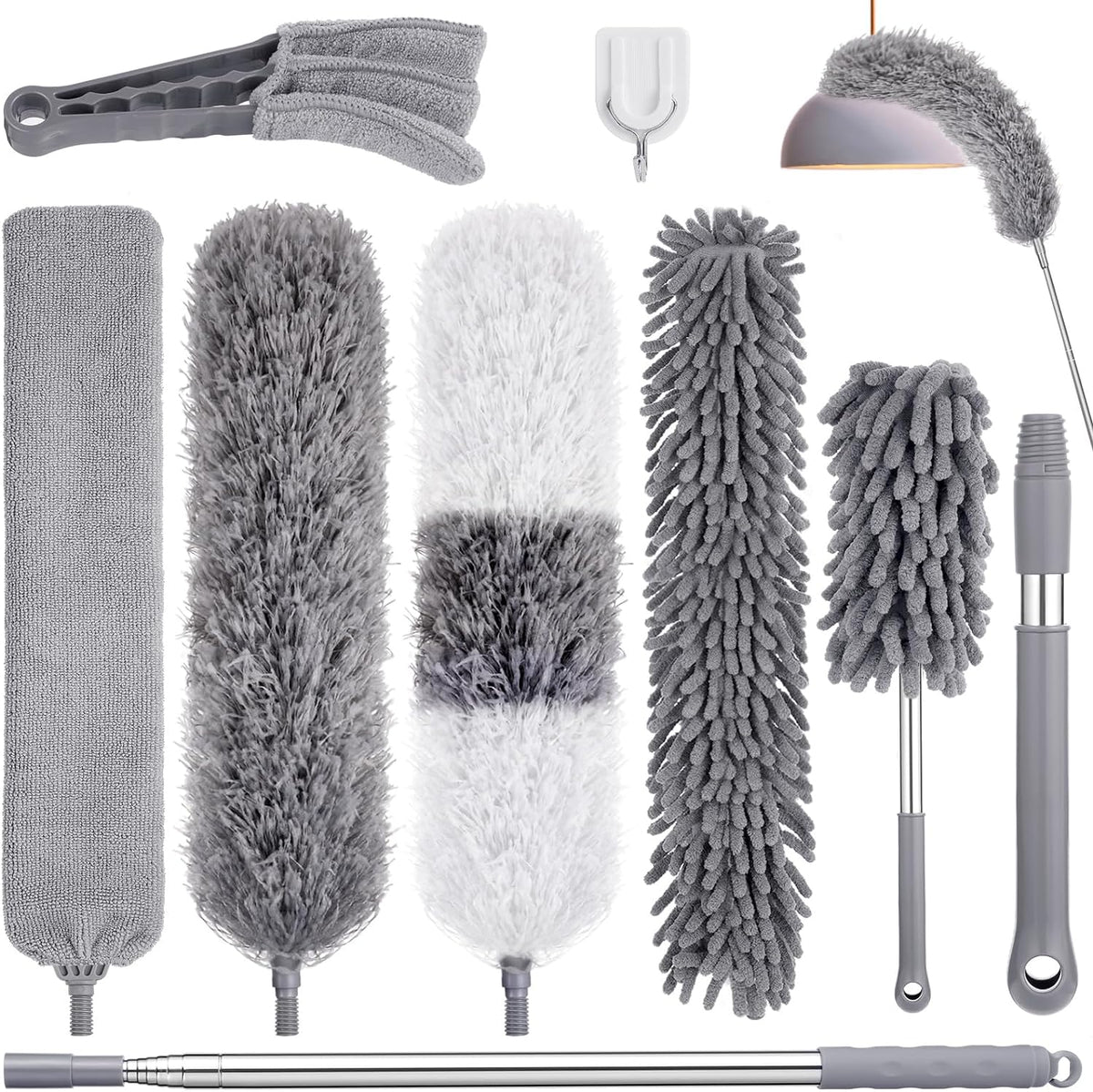 9PCS Dusters for Cleaning,Extendable Microfiber Duster with Extension Pole Up to 100'',Bendable Washable and Reusable Dusters Kit for Ceiling Fans, High Ceilings,Blinds,Furniture and Cars