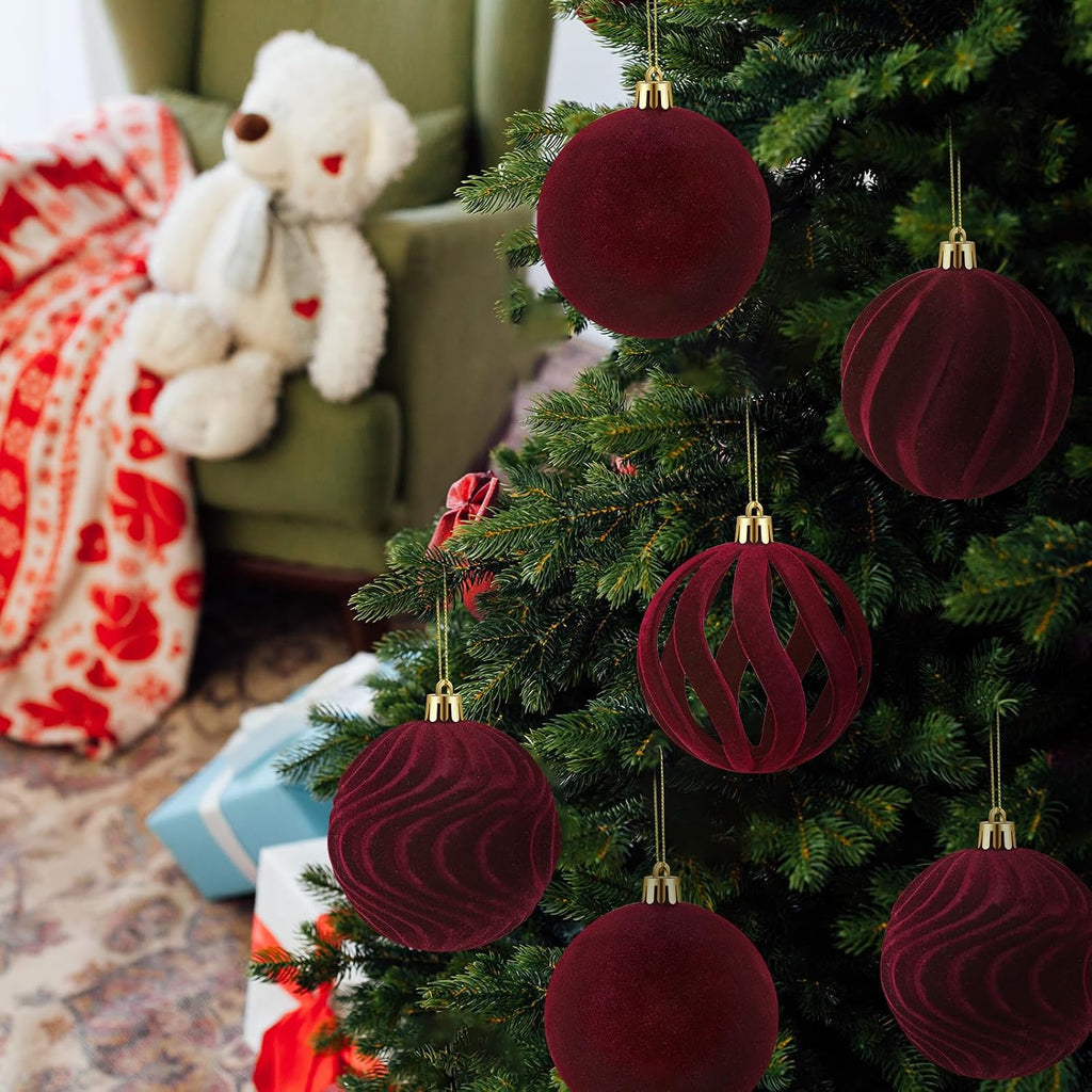 DERTE 12Pcs 3.15in Velvet Christmas Tree Balls Ornaments (Burgundy)