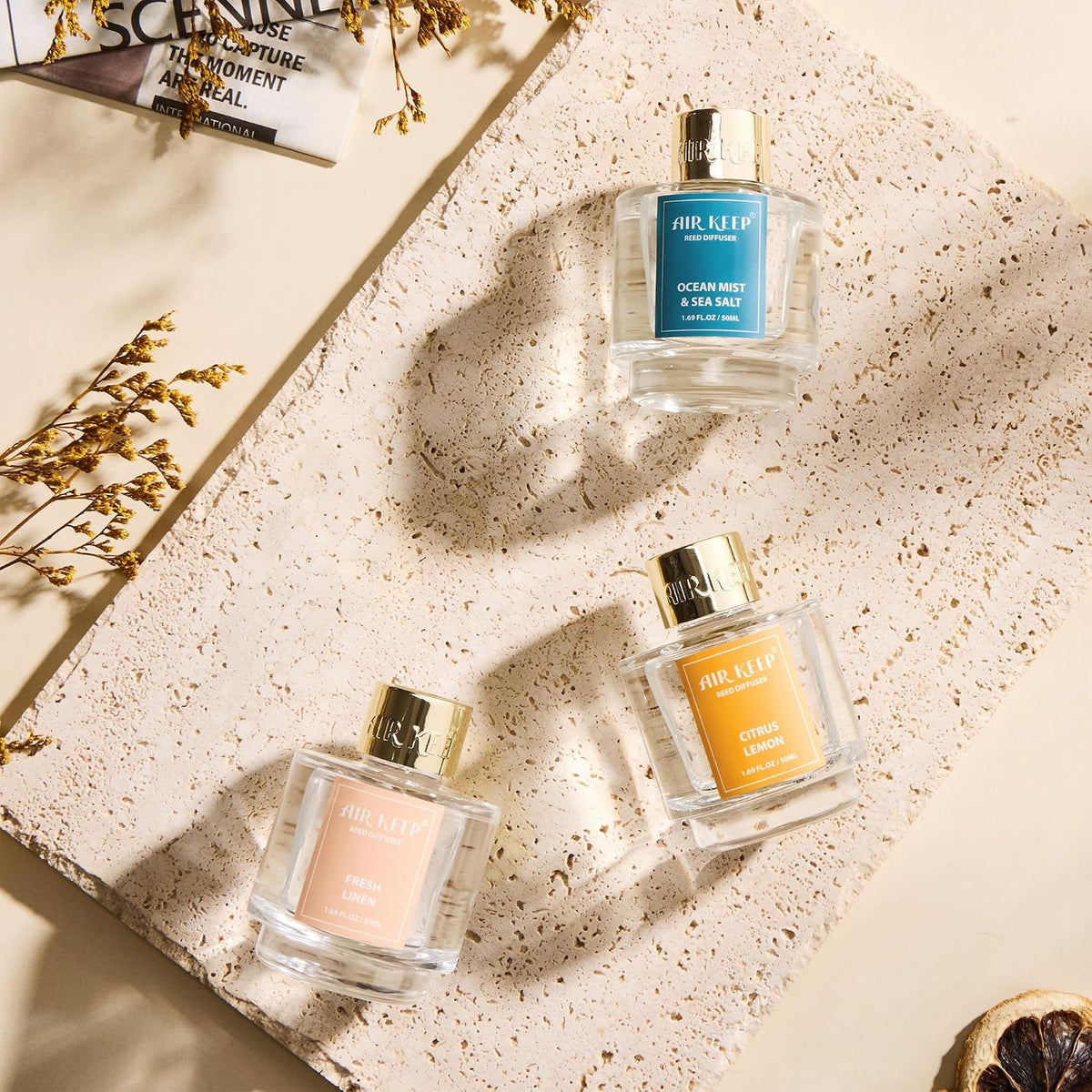 Airkeep Reed Diffuser Set of 3,Fresh Linen Ocean Mist&Sea Salt Citrus Lemon Oil Reed Diffusers for Bedroom Living Room Office Aromatherapy Oil Reed Diffuser for Gift 50ml x 3