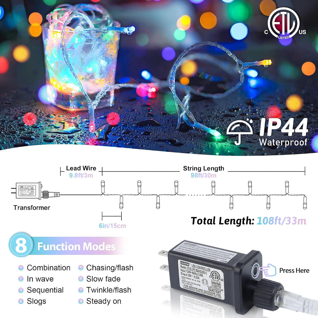 YOUNGAR 98FT String Lights Outdoor, 8 Modes Fairy Twinkle Christmas 200 LED Lights, 30V Plug-in for Tree, Home, Garden, Wedding, Party, Holiday Indoor Decoration, Multicolor