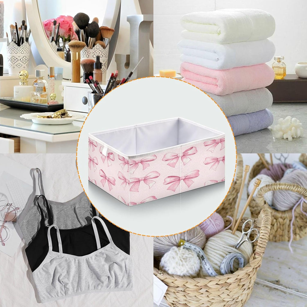 Pink Bows Storage Bins Cube Foldable Storage Baskets Bin Waterproof Home Organizer with Handles Basket for Blanket Clothes