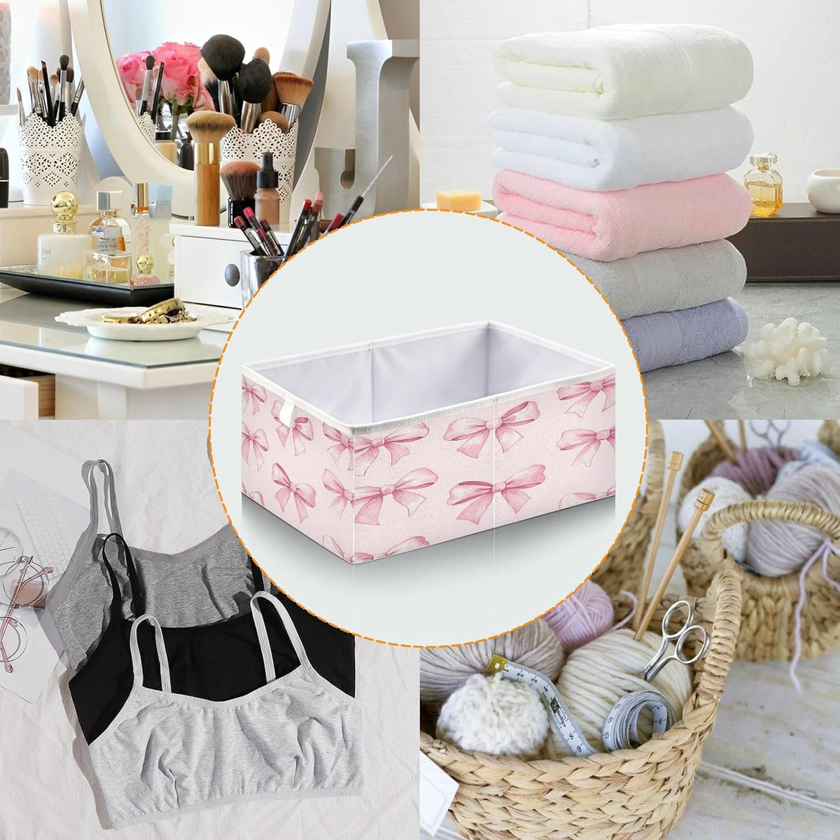 Pink Bows Storage Bins Cube Foldable Storage Baskets Bin Waterproof Home Organizer with Handles Basket for Blanket Clothes