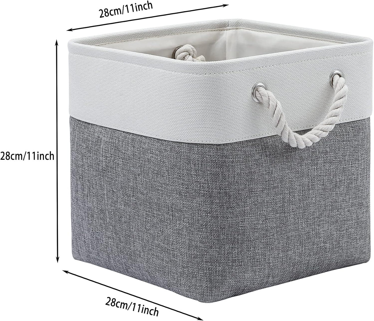 MidmmVick 11 x 11 Inch Cube Storage Bins, 6 Pack Large Collapsible Fabric Storage Bin with Ropes, Foldable Storage Cubes for Home, Office,Closet, Clothes, Toys Organizer (White & Grey-11"x11"x11")