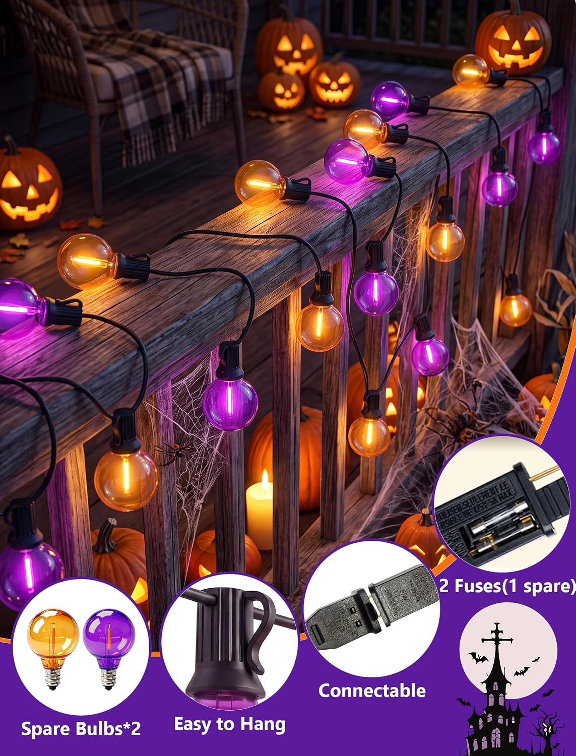 25Ft LED Orange Purple String Lights, Outdoor Halloween Lights