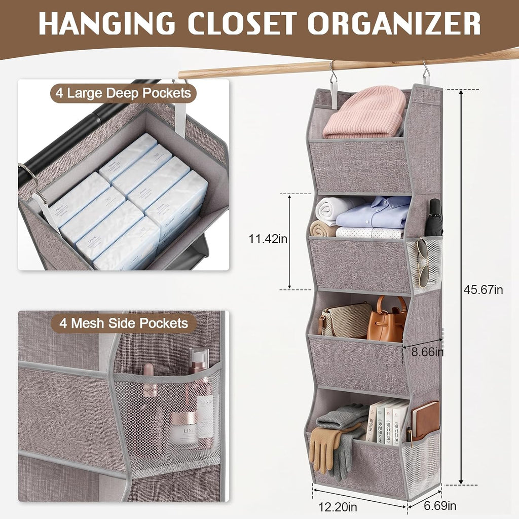 4-Shelf Hanging Closet Organizer, Wide Trapezoid Hanging Shelves with Side Mesh Pockets, Space-Saving Closet Storage Collapsible Fabric Storage Bins for Wardrobe, Heather Grey