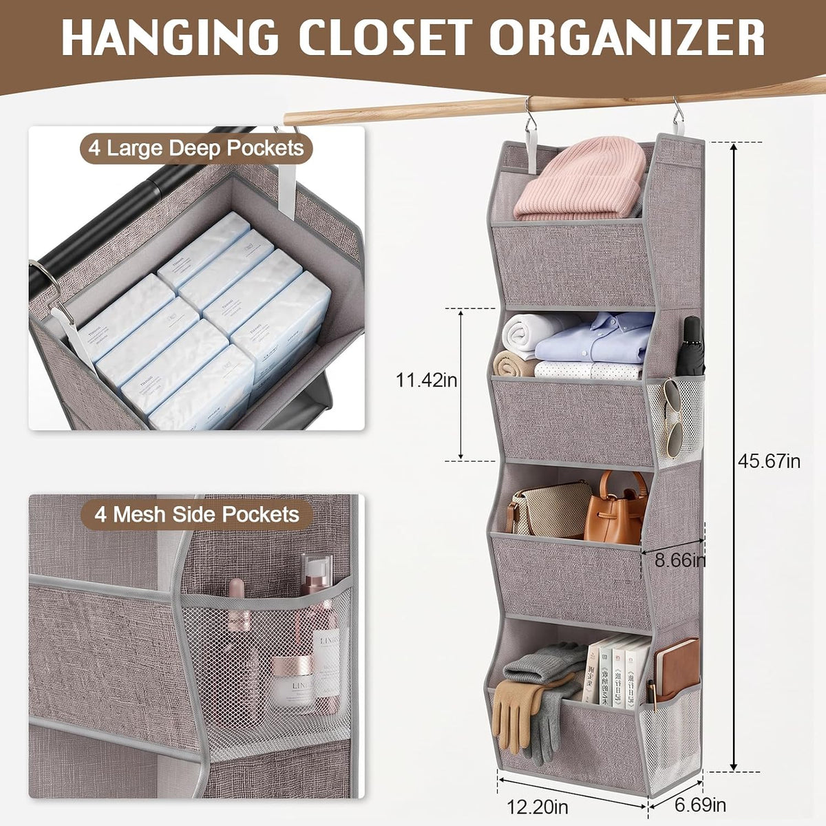 4-Shelf Hanging Closet Organizer, Wide Trapezoid Hanging Shelves with Side Mesh Pockets, Space-Saving Closet Storage Collapsible Fabric Storage Bins for Wardrobe, Heather Grey