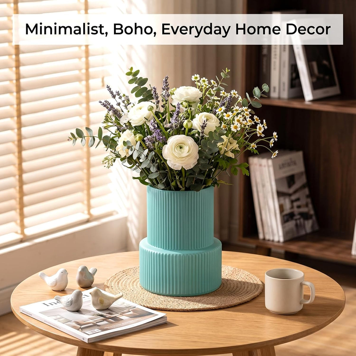 Green Ribbed Glass Vase, Modern Design Flower Vase