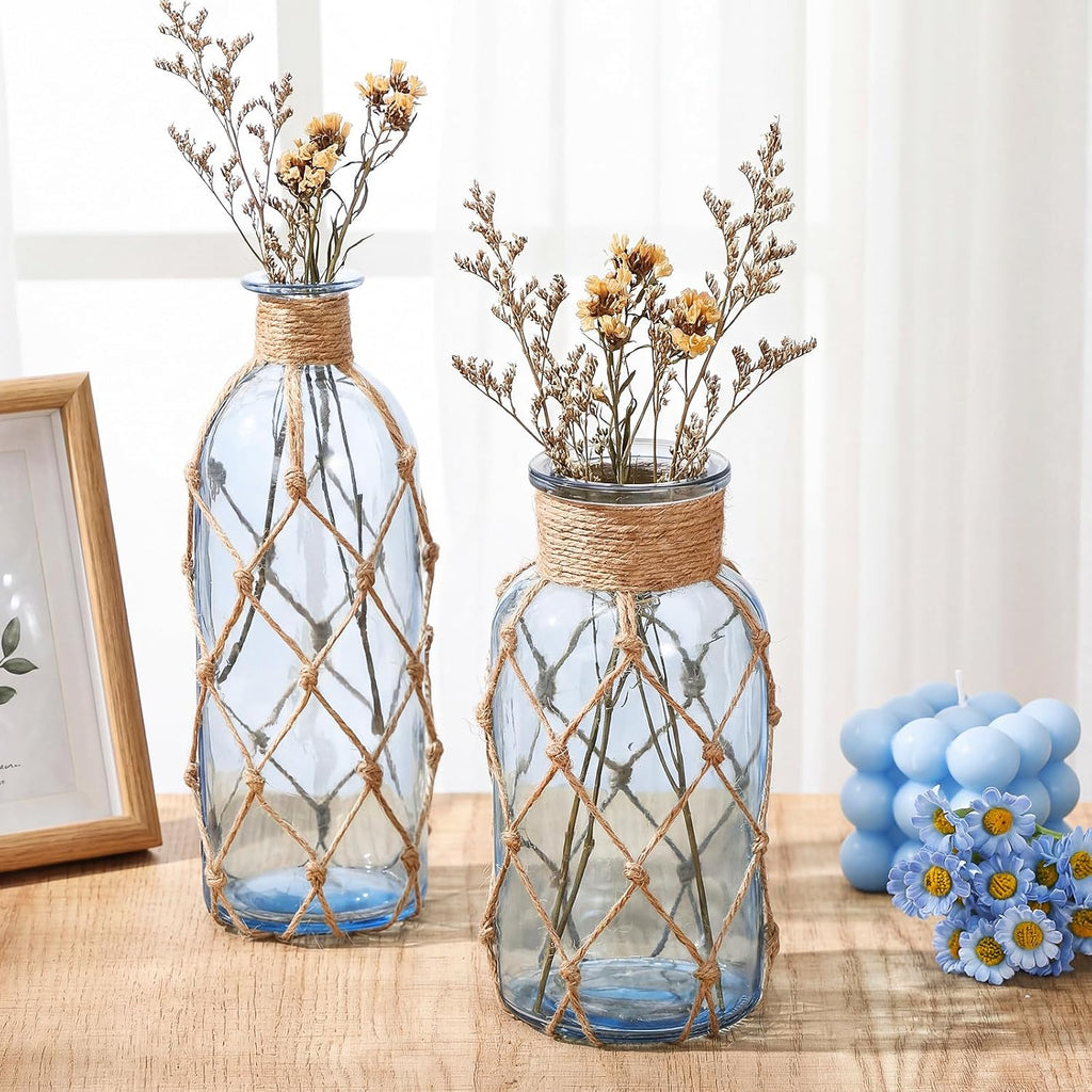 Chuangdi Set of 2 Coastal Glass Flower Vase with Boho Rope, Light Azure